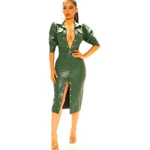 All For Looks Faux Leather Midi Dress - Hunter
